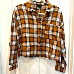 Lumiere Women’s Orange Brown Blue Oversized Cropped Button Up Shirt Size Small